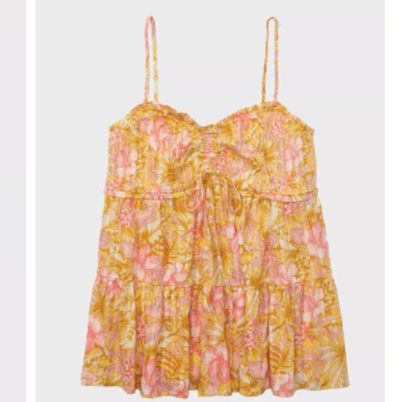 American  Eagle Floral Smocked Tiered Babydoll Tank Top Yellow Pink Sz S - Picture 6 of 6